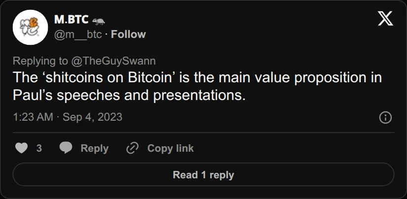 Archival rendering of an X post by M.BTC: “The ‘shitcoins on Bitcoin’ is the main value proposition in Paul’s speeches and presentations.”