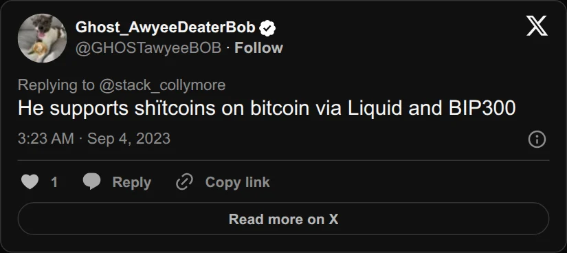 Archival rendering of an X post by Ghost_AwyeeDeaterBob: “He supports shïtcoins on bitcoin via Liquid and BIP300”
