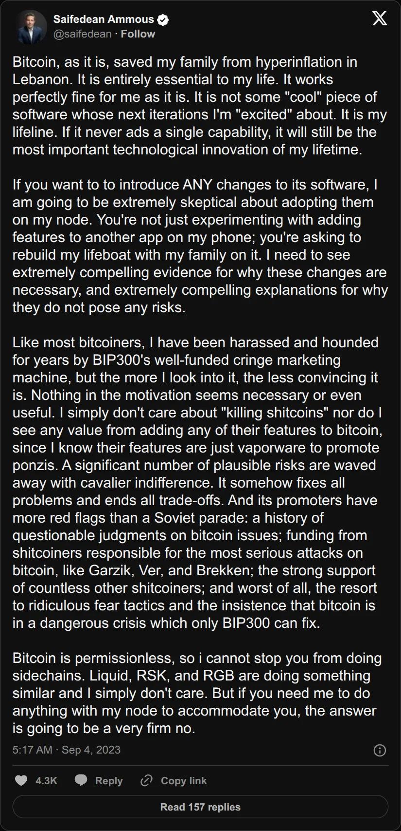 Archival rendering of an X post by Saifedean Ammous: “I know their features are just vaporware to promote ponzis.”