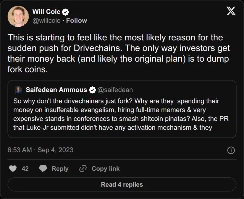 Archival rendering of an X post by Will Cole: “This is starting to feel like the most likely reason for the sudden push for Drivechains.”