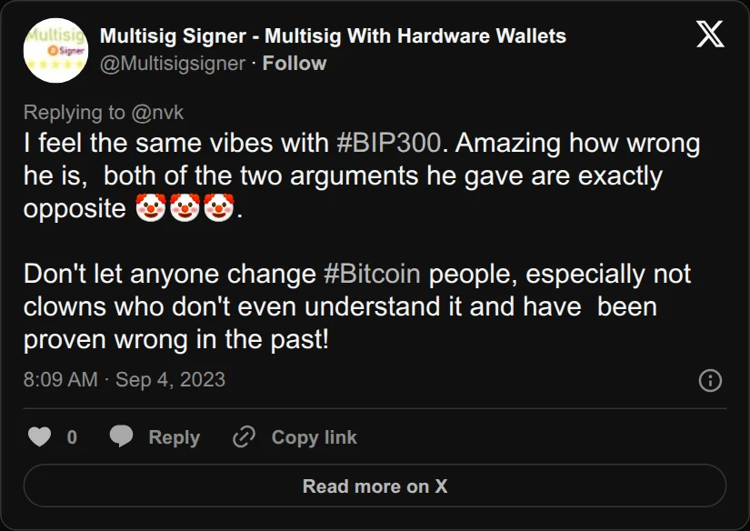 Archival rendering of an X post by Multisig Signer - Multisig With Hardware Wallets: “Don't let anyone change #Bitcoin people, especially not clowns who don't even understand it.”