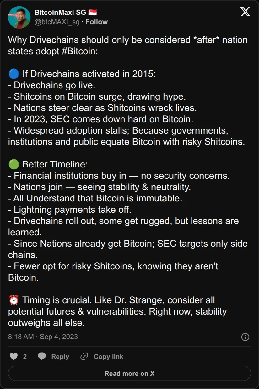 Archival rendering of an X post by BitcoinMaxi SG 🇸🇬: “Drivechains go live. Shitcoins on Bitcoin surge, drawing hype.”