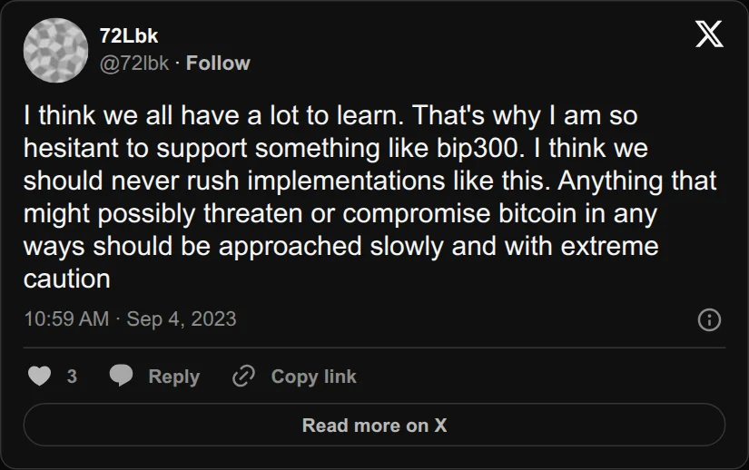 Archival rendering of an X post by 72Lbk: “We should never rush implementations like this.”