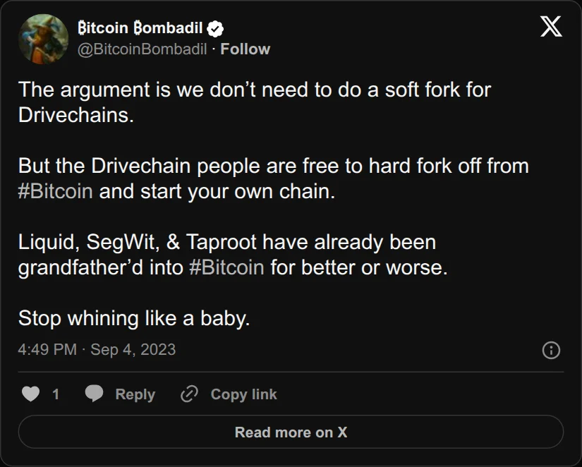 Archival rendering of an X post by ₿itcoin ₿ombadil: “The argument is we don’t need to do a soft fork for Drivechains. But the Drivechain people are free to hard fork off from…”