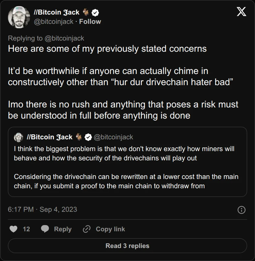 Archival rendering of an X post by //Bitcoin 𝕵ack 🐐: “There is no rush and anything that poses a risk must be understood in full before anything is done.”