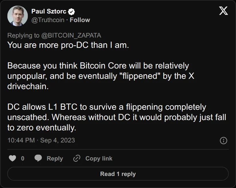 Archival rendering of an X post by Paul Sztorc: “@BITCOIN_ZAPATA You are more pro-DC than I am. Because you think Bitcoin Core will be relatively unpopular, and be eventually "flippened" by the X drivechain. DC allows L1 BTC to survive a flippening completely unscathed. Whereas without DC it would probably just fall to zero eventually.”