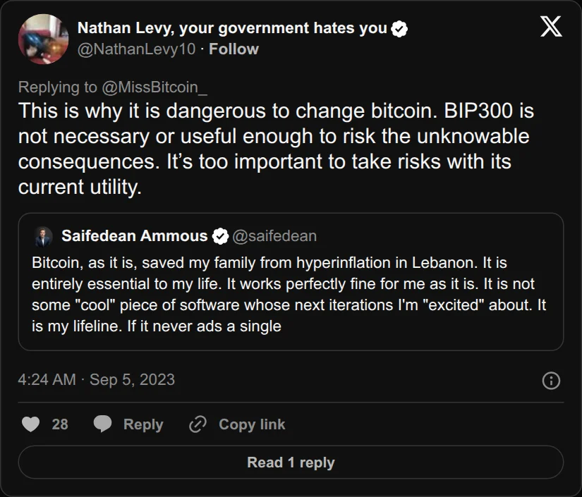 Archival rendering of an X post by Nathan Levy: “This is why it is dangerous to change bitcoin. BIP300 is not necessary or useful enough to risk the unknowable consequences.”