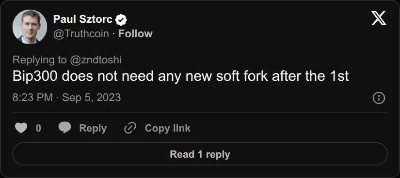 Archival rendering of an X post by Paul Sztorc: “@zndtoshi Bip300 does not need any new soft fork after the 1st”