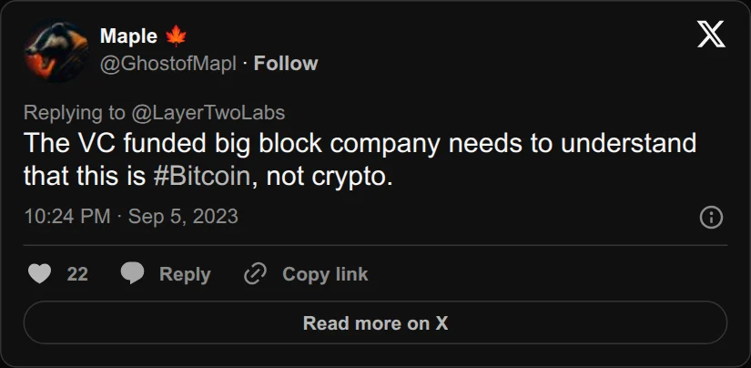 Archival rendering of an X post by Ghost of Maple: “The VC funded big block company needs to understand that this is #Bitcoin, not crypto.”