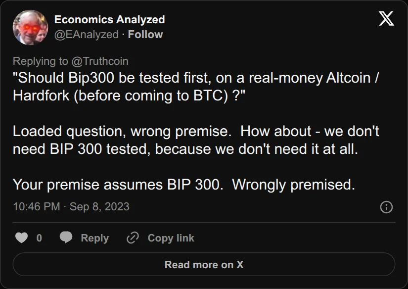 Archival rendering of an X post by Economics Analyzed: “We don't need BIP 300 tested, because we don't need it at all.”