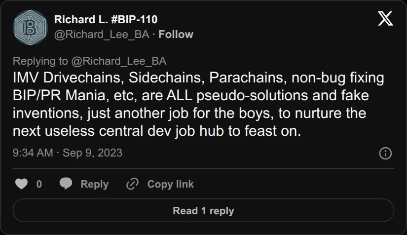 Archival rendering of an X post by Richard L. #BIP-110: “IMV Drivechains, Sidechains, Parachains, non-bug fixing BIP/PR Mania, etc, are ALL pseudo-solutions and fake inventions, just another job for the boys, to nurture the…”