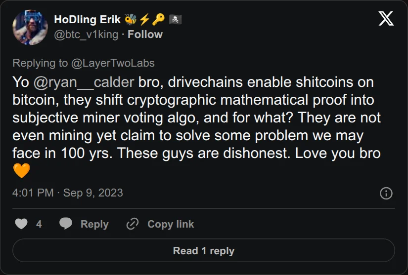 Archival rendering of an X post by HoDling Erik: “Drivechains enable shitcoins on bitcoin.”