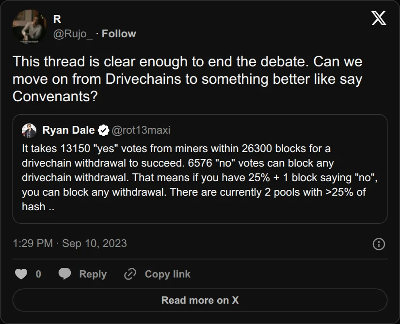 Archival rendering of an X post by R: “Can we move on from Drivechains to something better like, say, Covenants?”