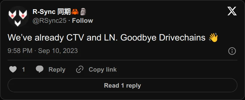 Archival rendering of an X post by R-Sync: “We’ve already CTV and LN. Goodbye Drivechains.”