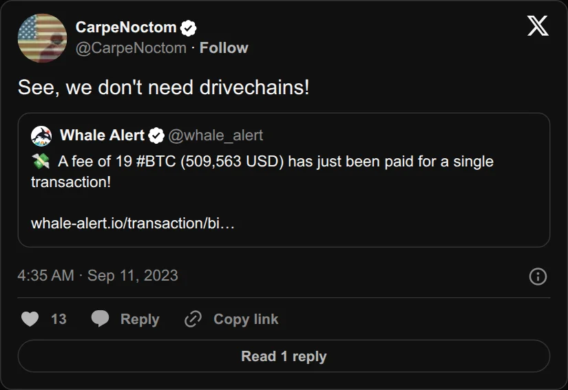 Archival rendering of an X post by CarpeNoctom: “See, we don’t need drivechains!”