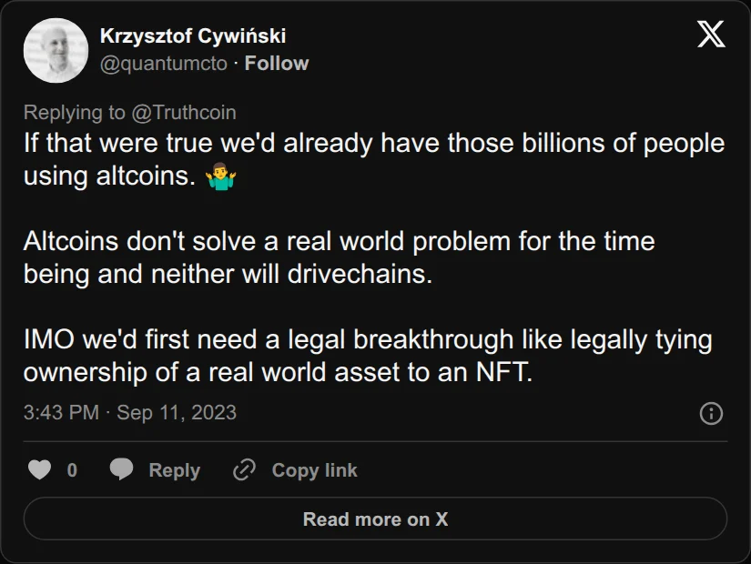 Archival rendering of an X post by Krzysztof Cywiński: “Altcoins don’t solve a real-world problem for the time being and neither will drivechains.”