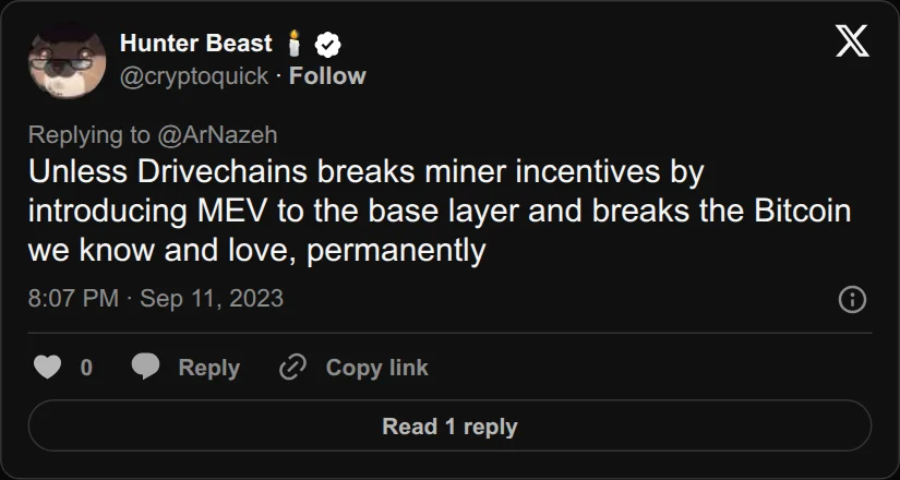 Archival rendering of an X post by Hunter Beast 🕯️: “Unless Drivechains breaks miner incentives by introducing MEV to the base layer and breaks the Bitcoin we know and love, permanently”