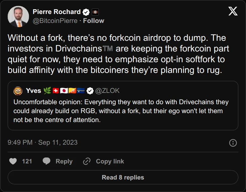 Archival rendering of an X post by Pierre Rochard: “The investors in Drivechains are keeping the forkcoin part quiet for now.”