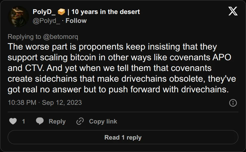 Archival rendering of an X post by PolyD_ 🥪 | 10 years in the desert: “Covenants create sidechains that make drivechains obsolete.”
