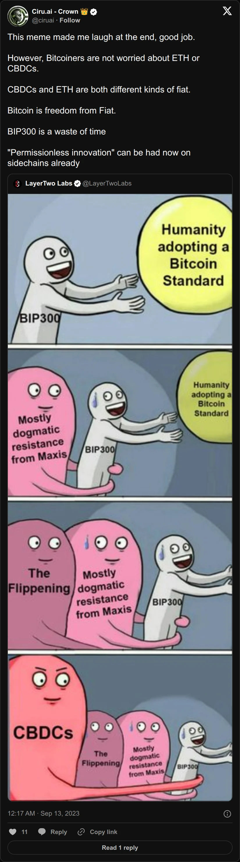 Archival rendering of an X post by Ciru.ai: “BIP300 is a waste of time. ‘Permissionless innovation’ can be had now on sidechains already.”