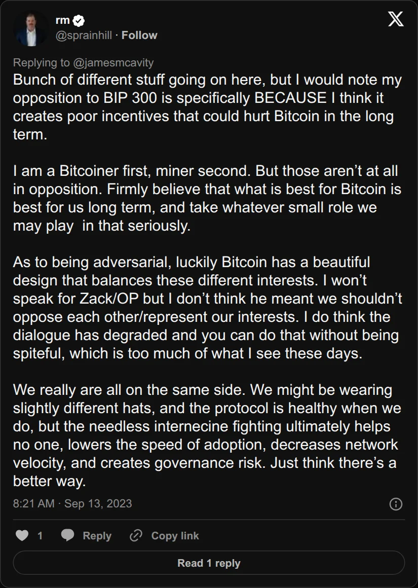 Archival rendering of an X post by rm: “BIP 300 … creates poor incentives that could hurt Bitcoin in the long term.”