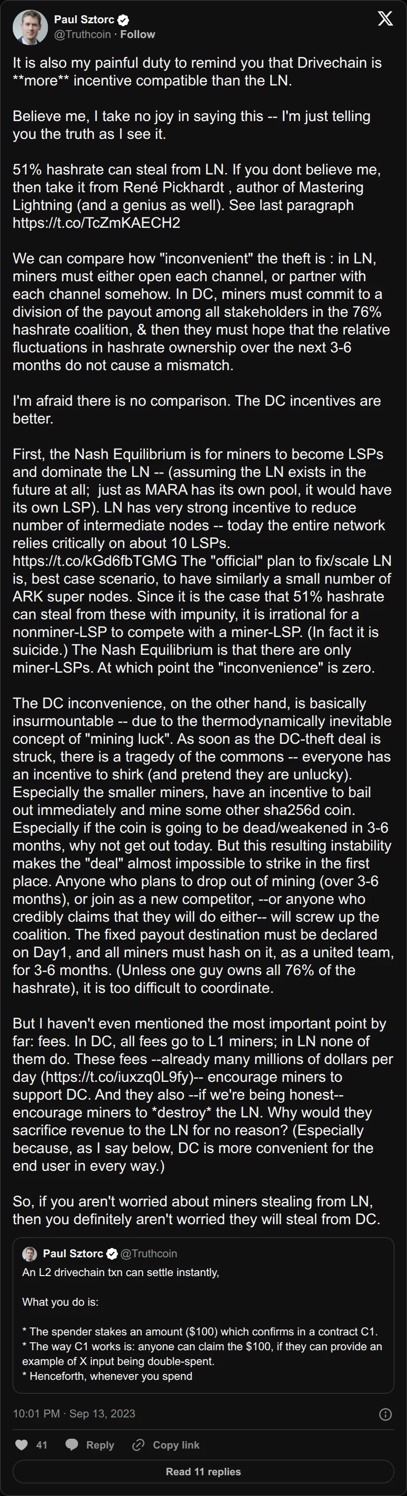 Archival rendering of an X post by Paul Sztorc: “It is also my painful duty to remind you that Drivechain is **more** incentive compatible than the LN. Believe me, I take no joy in saying this -- I'm just telling you the truth as I see it. 51% hashrate can steal from LN. If you dont believe me, then take it from René https://t.co/ev3tzRUzZG”