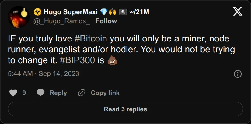 Archival rendering of an X post by Hugo Ramos: “If you truly love Bitcoin … you would not be trying to change it. BIP300 is shit.”
