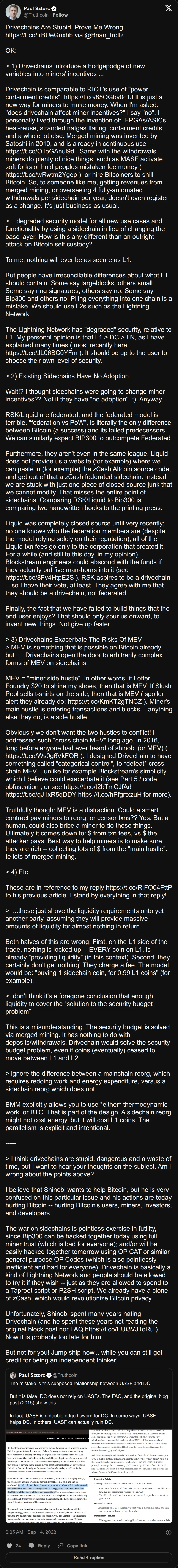 Archival rendering of an X post by Paul Sztorc: “Drivechains Are Stupid, Prove Me Wrong https://t.co/mUcMreXasA via @Brian_trollz OK: ----- > 1) Drivechains introduce a hodgepodge of new variables into miners’ incentives ... Drivechain is comparable to RIOT's use of "power curtailment credits". https://t.co/NjUoCm6Dba It is https://t.co/EUi3VJ1oRu”