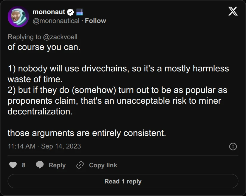 Archival rendering of an X post by mononaut: “of course you can. 1) nobody will use drivechains, so it's a mostly harmless waste of time. 2) but if they do (somehow) turn…”
