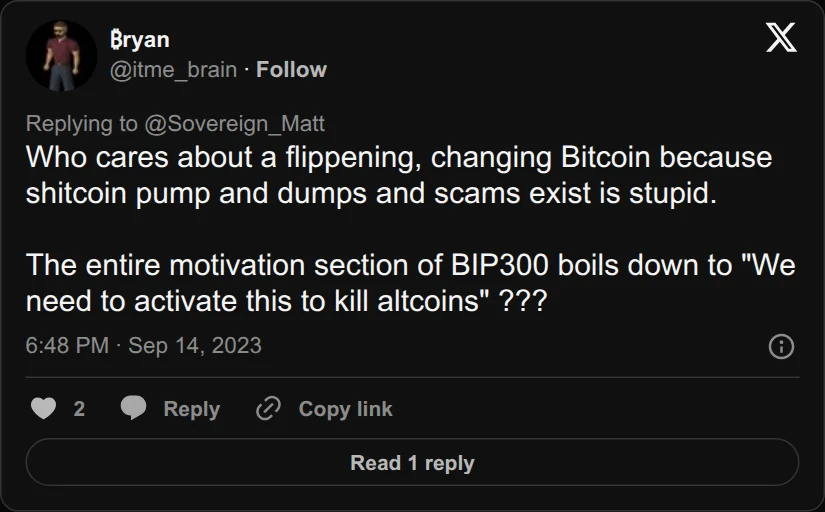 Archival rendering of an X post by ₿ryan: “Who cares about a flippening, changing Bitcoin because shitcoin pump and dumps and scams exist is stupid. The entire motivation section of BIP300 boils…”