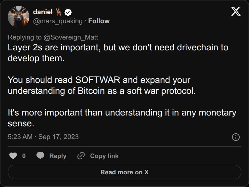 Archival rendering of an X post by daniel: “Layer 2s are important, but we don’t need drivechain to develop them.”