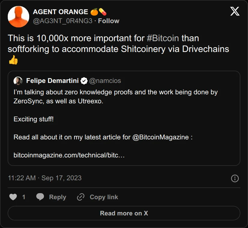 Archival rendering of an X post by AGENT ORANGE 🍊💊: “This is 10,000x more important for #Bitcoin than softforking to accommodate Shitcoinery via Drivechains 👍”