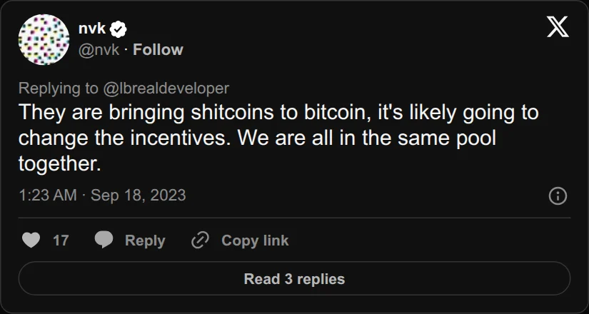 Archival rendering of an X post by nvk: “They are bringing shitcoins to bitcoin, it’s likely going to change the incentives.”