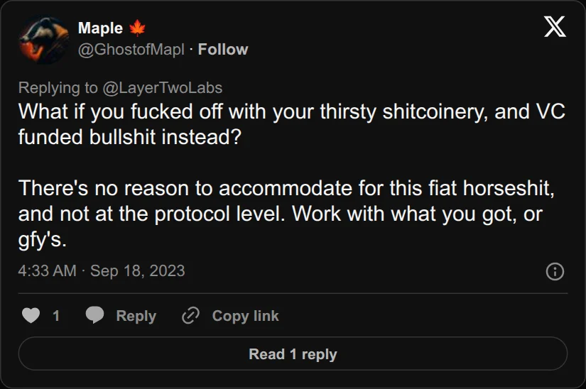 Archival rendering of an X post by Ghost of Maple: “What if you fucked off with your thirsty shitcoinery, and VC funded bullshit instead?”