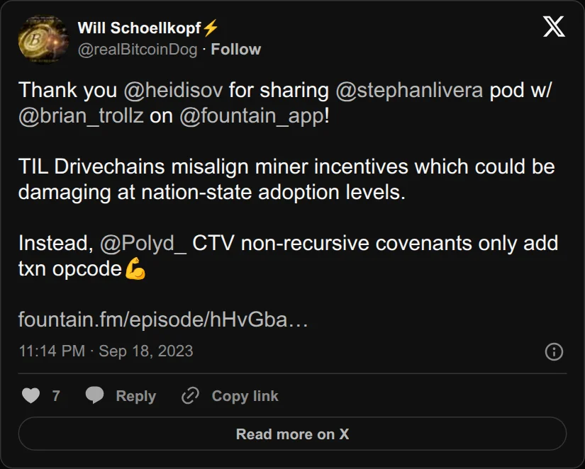 Archival rendering of an X post by Will Schoellkopf: “Drivechains misalign miner incentives which could be damaging at nation-state adoption levels.”