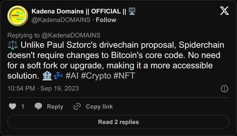 Archival rendering of an X post by Kadena Domains: “Unlike Paul Sztorc’s drivechain proposal, Spiderchain doesn’t require changes to Bitcoin’s core code.”