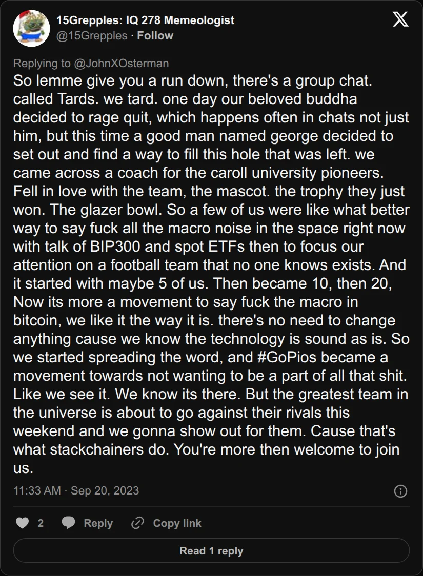 Archival rendering of an X post by 15Grepples: “We like it the way it is. There’s no need to change anything cause we know the technology is sound as is.”