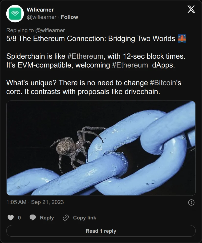 Archival rendering of an X post by Wifiearner: “There is no need to change Bitcoin’s core. It contrasts with proposals like drivechain.”