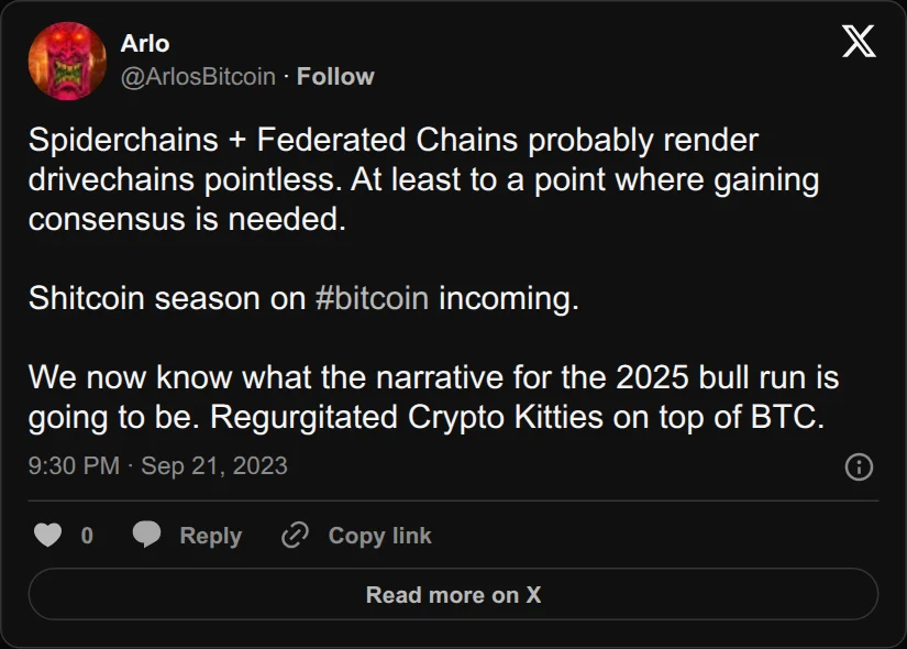Archival rendering of an X post by Arlo: “Spiderchains plus Federated Chains probably render drivechains pointless.”