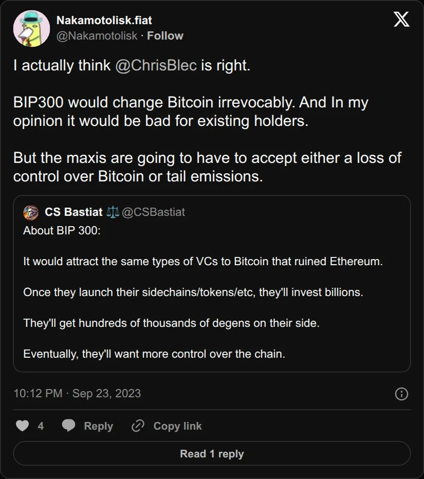 Archival rendering of an X post by Nakamotolisk: “BIP300 would change Bitcoin irrevocably. And In my opinion it would be bad for existing holders.”