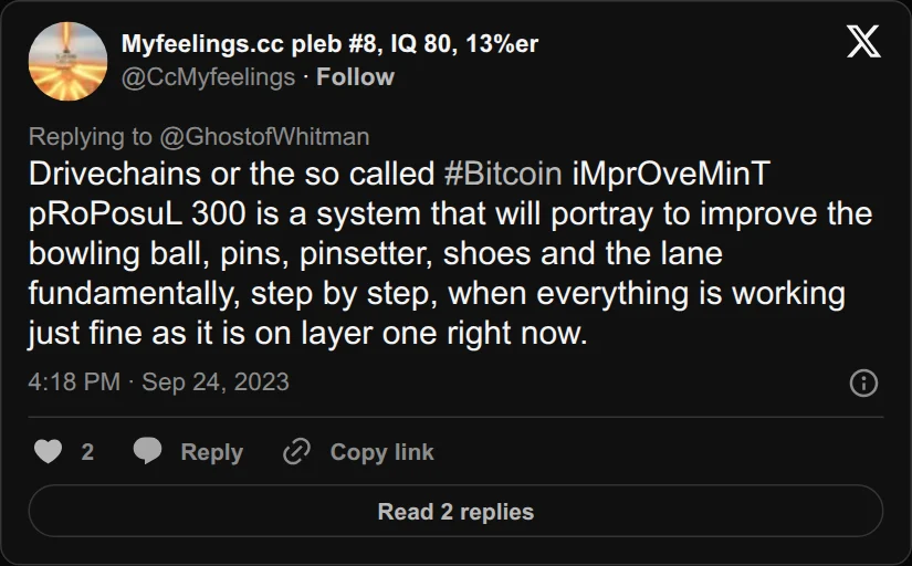 Archival rendering of an X post by Myfeelings.cc pleb: “Everything is working just fine as it is on layer one right now.”