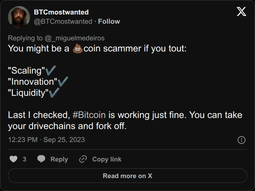 Archival rendering of an X post by BTCmostwanted: “Bitcoin is working just fine. You can take your drivechains and fork off.”