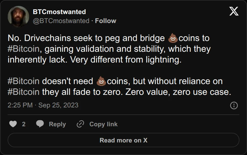 Archival rendering of an X post by BTCmostwanted: “Drivechains seek to peg and bridge shitcoins to Bitcoin, gaining validation and stability, which they inherently lack.”