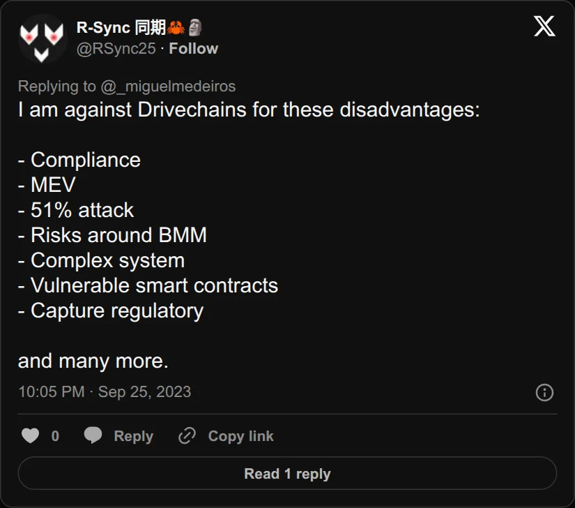 Archival rendering of an X post by R-Sync 同期🦀🗿: “I am against Drivechains for these disadvantages: - Compliance - MEV - 51% attack - Risks around BMM - Complex system - Vulnerable smart…”