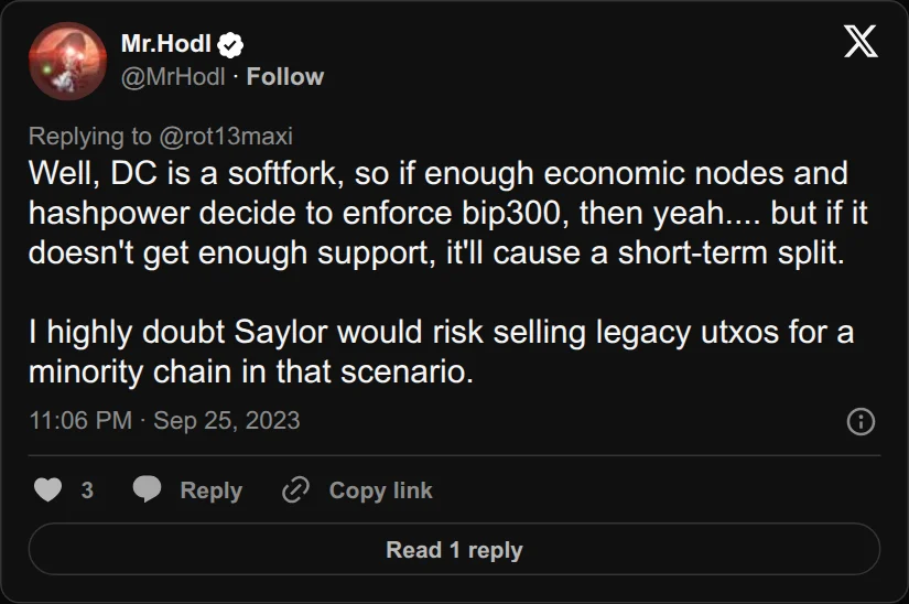 Archival rendering of an X post by Mr.Hodl: “If it doesn’t get enough support, it’ll cause a short-term split.”