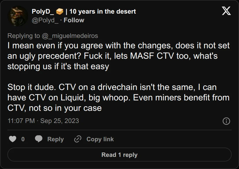 Archival rendering of an X post by PolyD: “Even if you agree with the changes, does it not set an ugly precedent?”