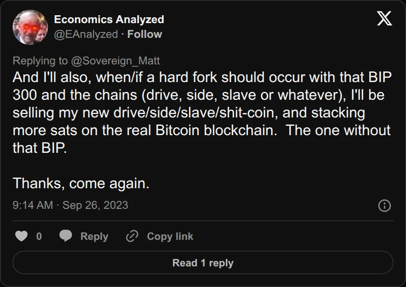 Archival rendering of an X post by Economics Analyzed: “I’ll be … stacking more sats on the real Bitcoin blockchain. The one without that BIP.”