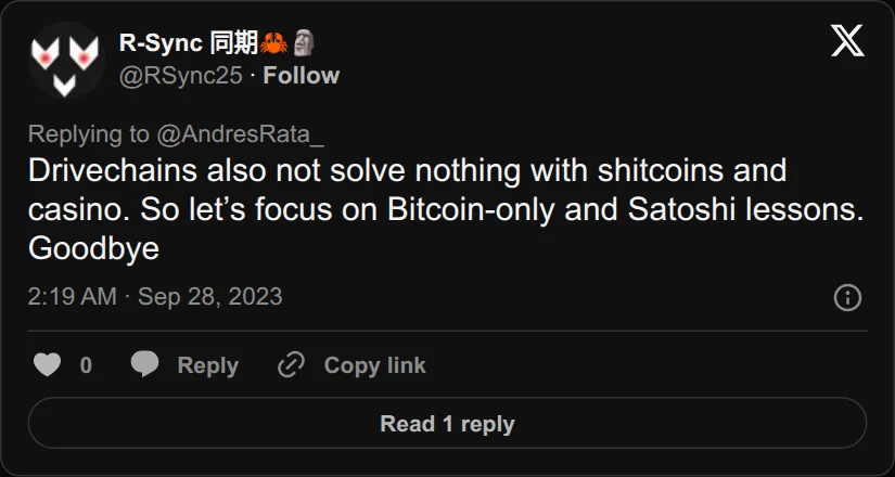 Archival rendering of an X post by R-Sync: “Drivechains also not solve nothing with shitcoins and casino. So let’s focus on Bitcoin-only.”