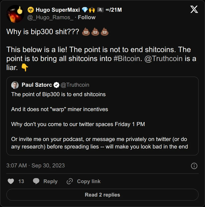 Archival rendering of an X post by Hugo Ramos: “The point is to bring all shitcoins into Bitcoin.”