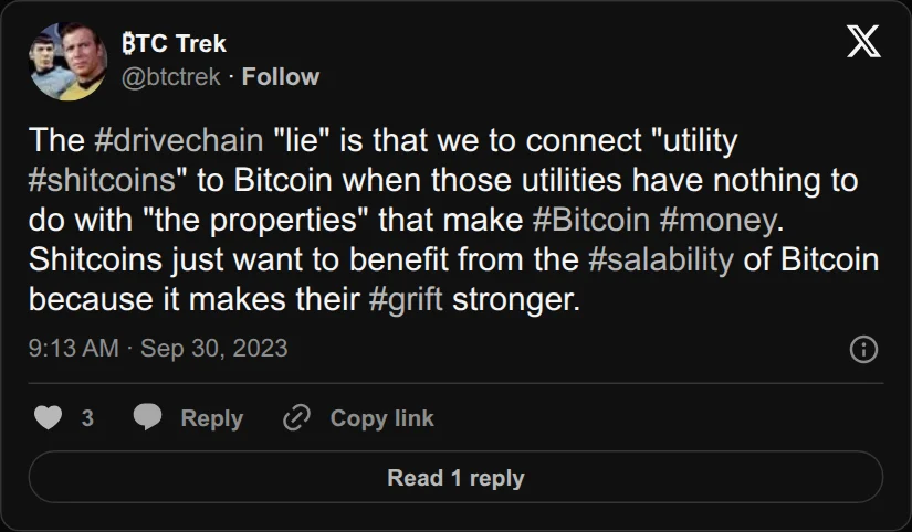 Archival rendering of an X post by BTC Trek: “The Drivechain ‘lie’ is that we connect ‘utility shitcoins’ to Bitcoin.”